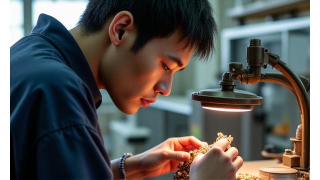 1990年代の日本の工場で釣具部品を検査する職人の写真