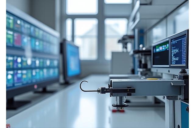 最新設備のテストラボでフックの強度試験を行う様子