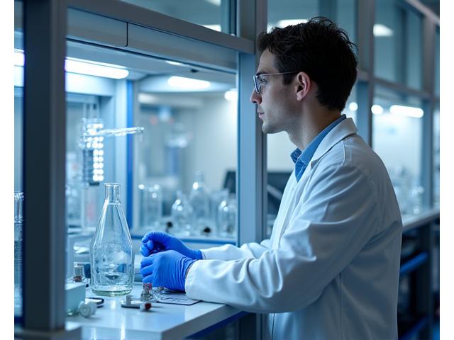 最新設備の整った腐食試験ラボで、技術者が塩水噴霧試験機や複合サイクル試験機を操作し、防錆コーティングの性能を評価している様子。