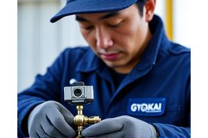 技術者が専門機器を使って、設置されたマリンハードウェアの防錆状態を精密に点検している様子。