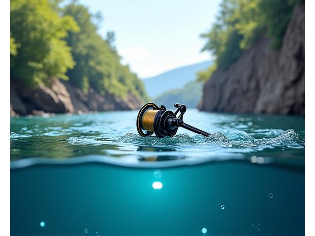 淡水と海水が一体となったような空間に、多様な環境に対応する釣具が一つ配置されている様子。左右に水面が分割表示され、片方は緑豊かな淡水、もう片方は青い海水で表現されている。