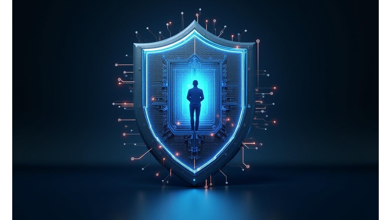 複数のレイヤーで構成されたセキュリティシールド。デジタル的なロック、物理的な壁、人のシルエット、組織図が重なり、多層的な安全管理措置を視覚的に表現。